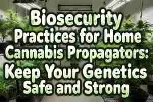 Biosecurity Practices for Home Cannabis Propagators: Keep Your Genetics Safe and Strong - clean organized home cannabis grow room with healthy plants and bold bubble-style title in cannabis leaf texture Quarantine Procedure
