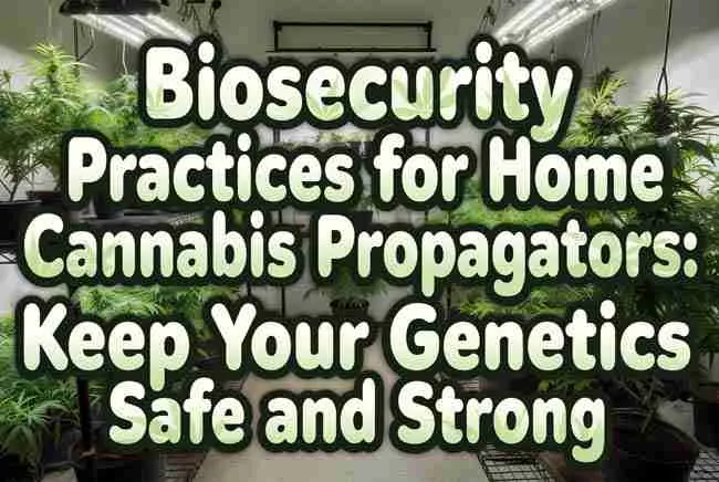 Biosecurity Practices for Home Cannabis Propagators: Keep Your Genetics Safe and Strong - clean organized home cannabis grow room with healthy plants and bold bubble-style title in cannabis leaf texture Quarantine Procedure