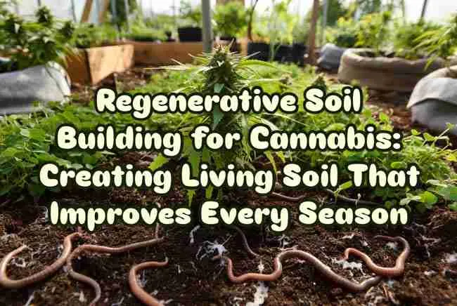 Regenerative soil cannabis hero image showing thriving living soil garden with cover crops, earthworms, healthy cannabis plants and the article title in cannabis leaf texture lettering