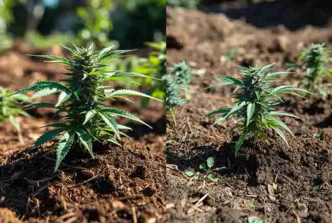 Side by side comparison of healthy regenerative living soil cannabis plant versus struggling plant in compacted poor soil showing importance of soil structure