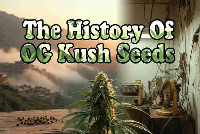 The History Of OG Kush Seeds hero image with bold cannabis leaf textured title lettering over a mysterious vintage blend of Hindu Kush mountains and 1990s Florida California cannabis grow scene