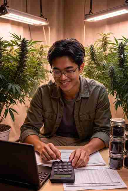 Canadian grower calculating home seed production ROI 2026 on laptop with spreadsheets, seed jars, and healthy cannabis plants in background inside a home grow room
