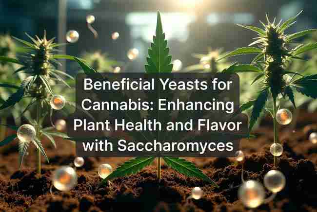 Beneficial Yeasts for Cannabis: Enhancing Plant Health and Flavor with Saccharomyces – healthy cannabis plants in rich soil with glowing Saccharomyces yeast cells and the article title centered in a cannabis leaf bubble