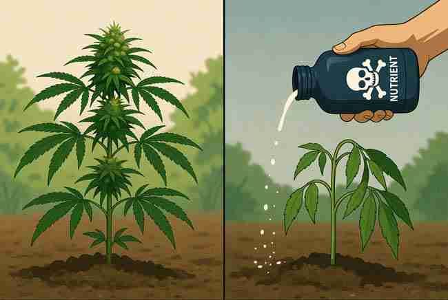 Visual comparison of thriving cannabis plant benefits versus caution for over-application of yeast inoculants