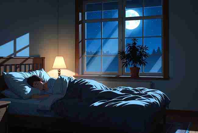 Peaceful person sleeping soundly in a bedroom with moonlight streaming through the window and a cannabis plant silhouette on the sill