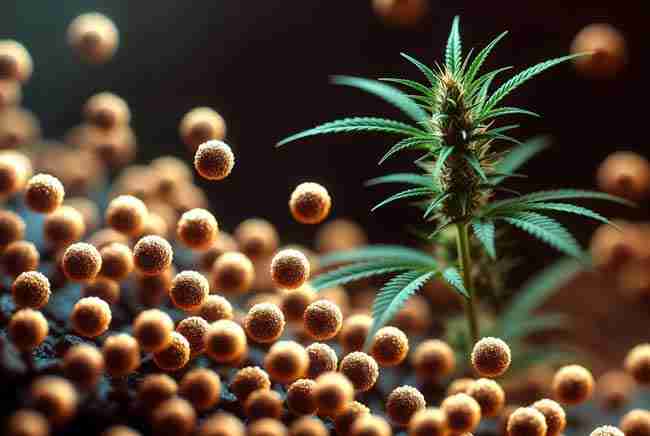 Golden Saccharomyces cerevisiae yeast cells next to a healthy cannabis plant showing the key beneficial yeast species
