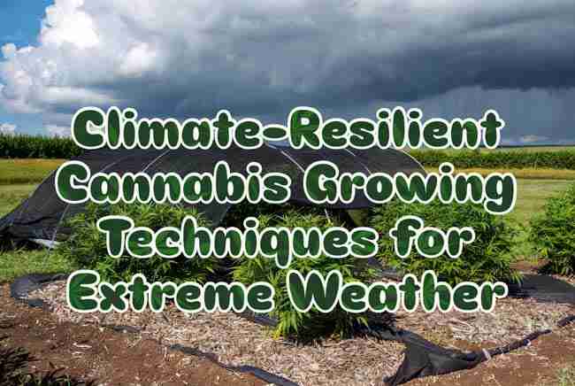 Climate resilient cannabis growing techniques for extreme weather hero image with protected garden and storm elements