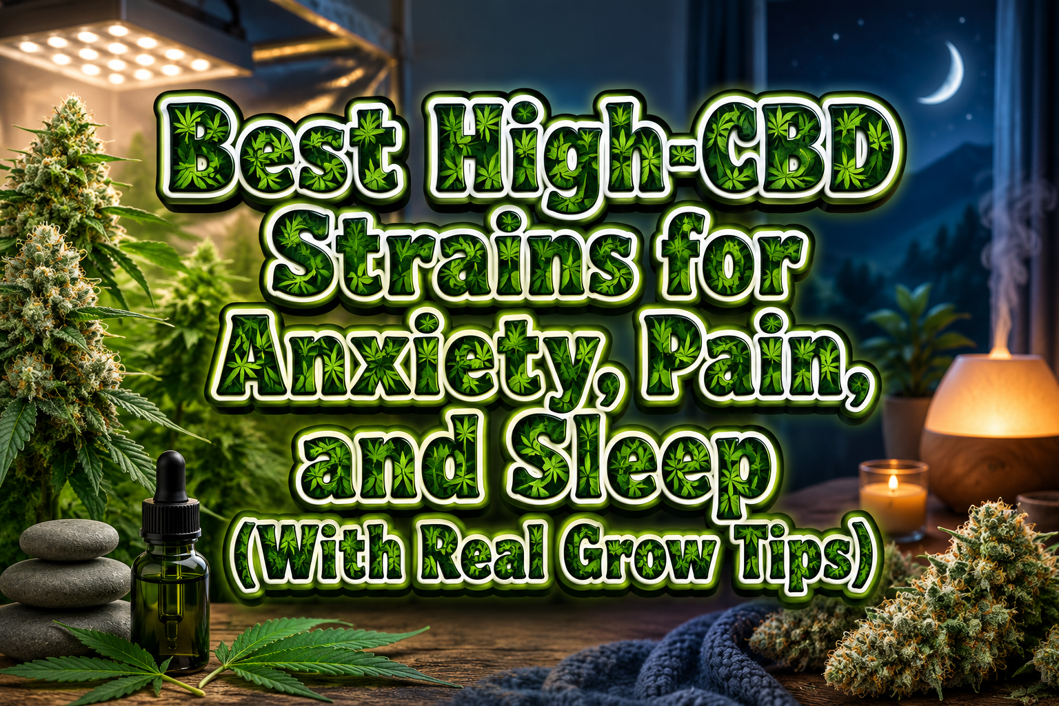 bubble cannabis leaf filled writing "Best High-CBD Strains for Anxiety, Pain, and Sleep (With Real Grow Tips)" image