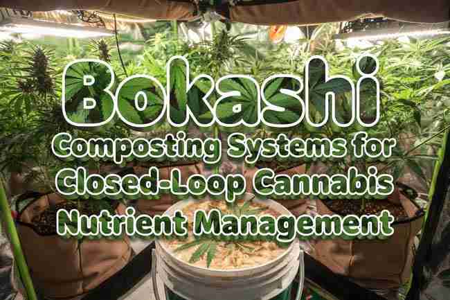 Bokashi composting cannabis hero image showing indoor grow room with healthy plants, bokashi fermentation bucket, and title overlay in cannabis leaf texture for closed loop cannabis nutrient management