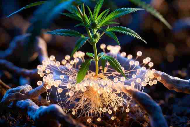 Cannabis plant protected by a glowing beneficial yeast barrier against pathogens on roots and leaves