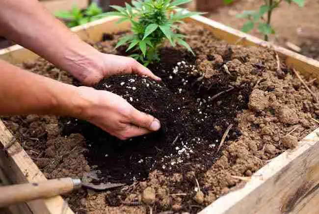 Soil amendments for climate smart cannabis growing mixing compost perlite in raised bed