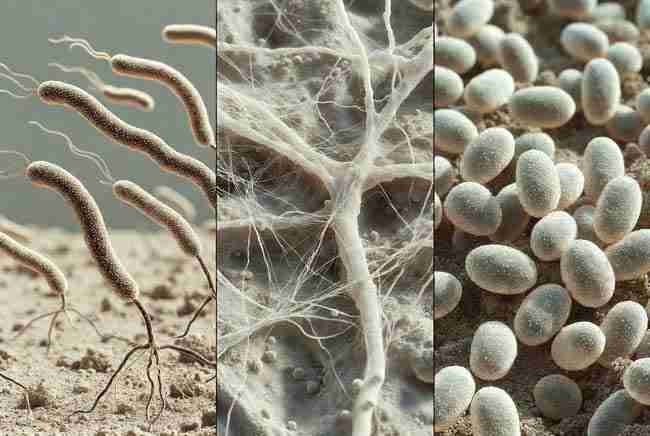 Educational comparison of bacteria, fungal networks, and yeast cells interacting with cannabis roots in soil