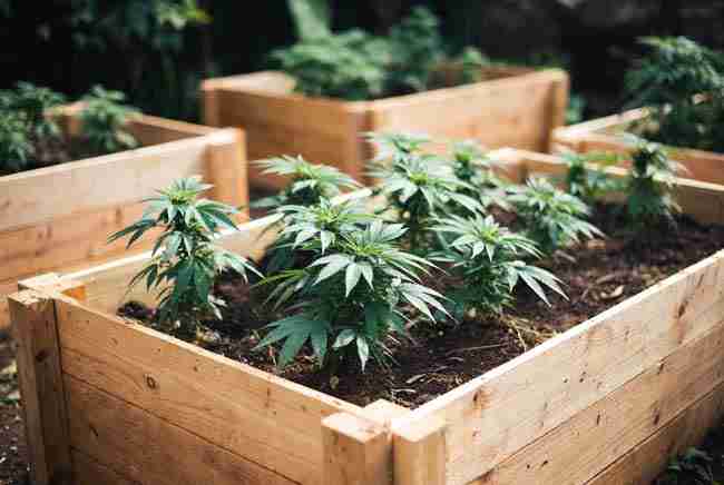 Wooden raised garden beds filled with thriving cannabis plants