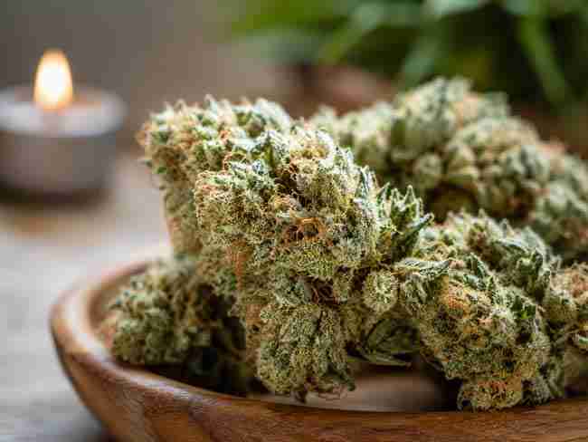 Cannabis grower checking high-CBD plants under LED lights with proper training and healthy canopy