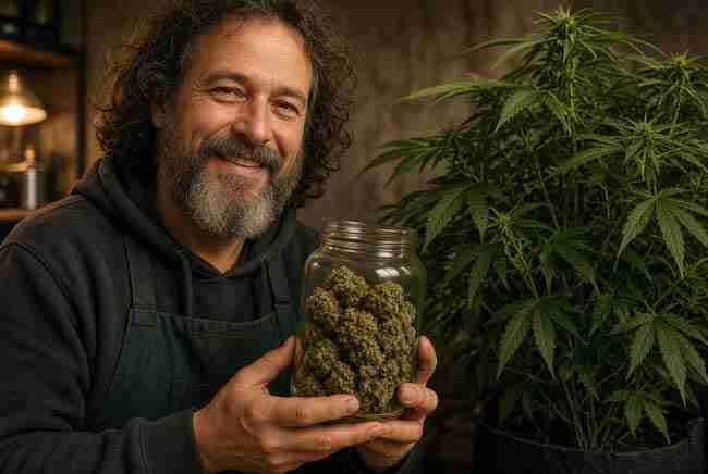 Balance scale showing healthy cannabis plants versus culled males