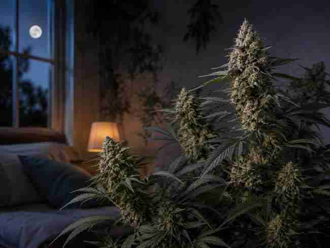 Close-up of calming high-CBD cannabis buds with sparkling trichomes suggesting anxiety relief