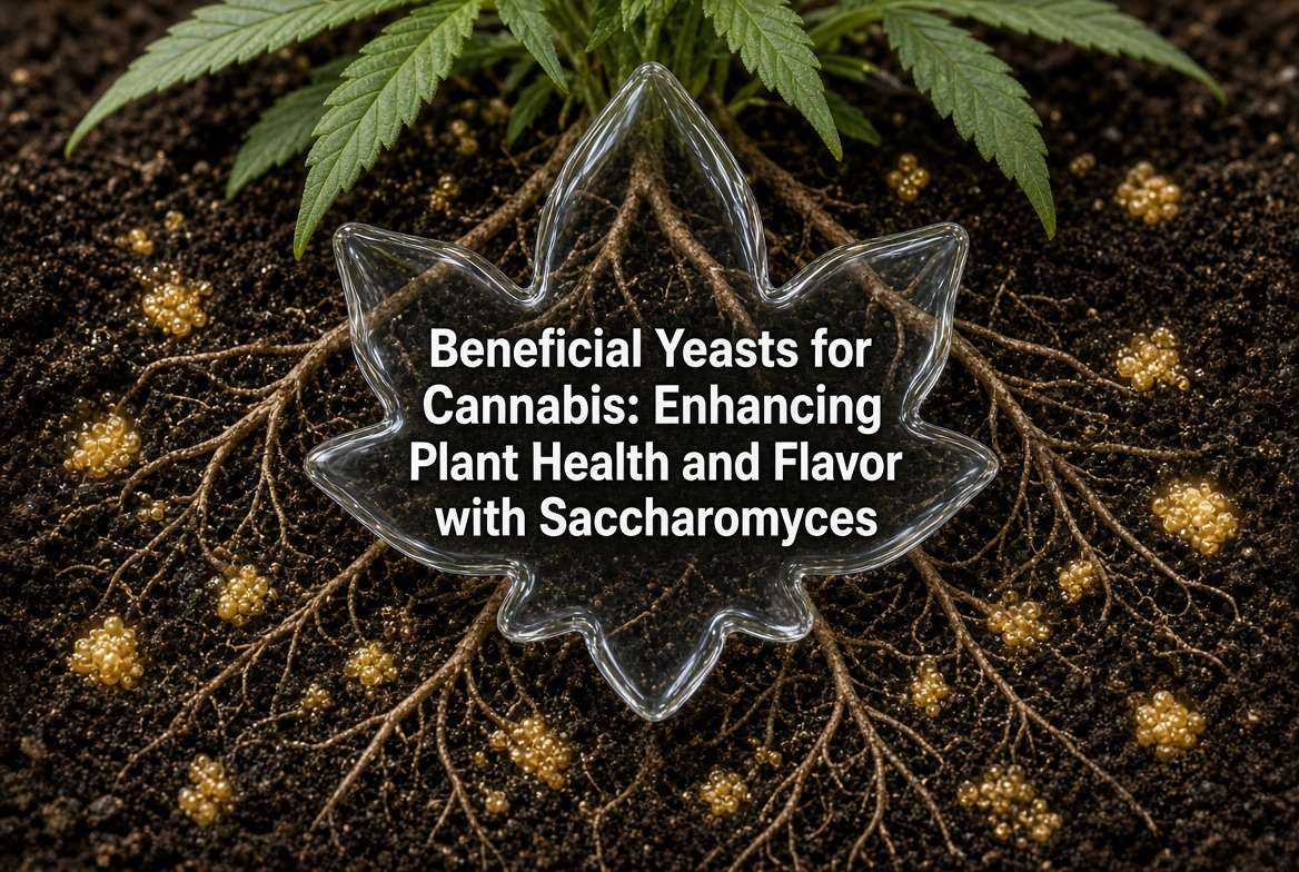 Beneficial Yeasts for Cannabis Enhancing Plant Health and Flavor with Saccharomyces main featured image showing roots yeast cells and title bubble