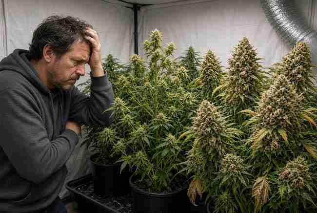 Balance scale showing healthy cannabis plants versus culled males