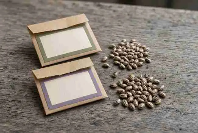 Two blank seed packets with two piles of different-sized seeds