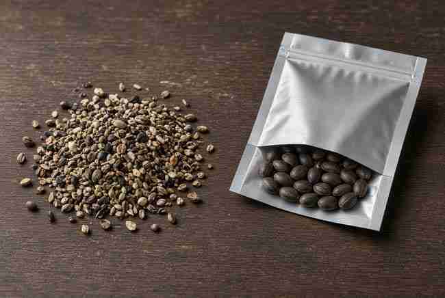 Mixed bagseed pile next to uniform seeds in a foil pouch