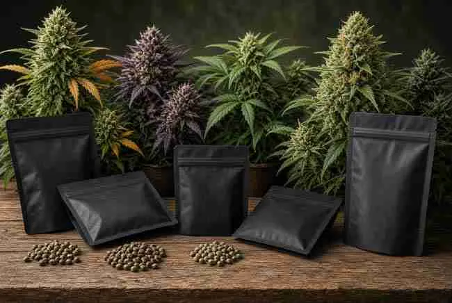 Cannabis seed packages and mature plants from the Find My Seeds strain library