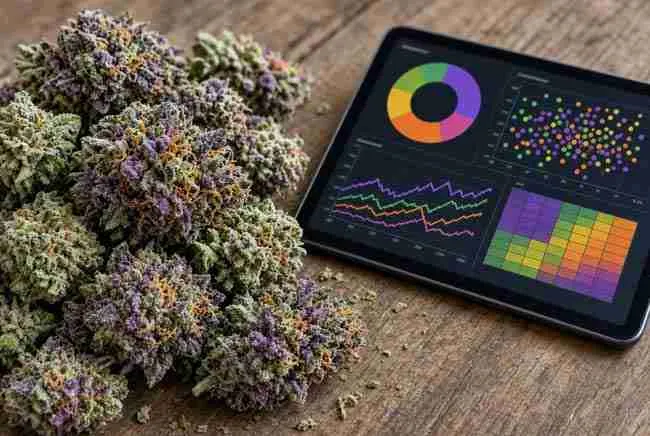 Colorful cannabis buds next to digital strain comparison charts