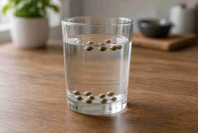 Cannabis seeds sinking and floating in a glass of water