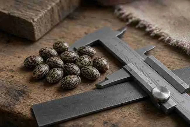 Cannabis seeds beside a caliper on a wooden workbench