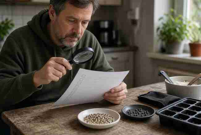 Grower checking cannabis seeds with a list and magnifying glass