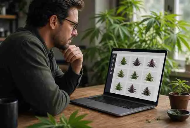 Grower reviewing the Find My Seeds cannabis strain database on a laptop