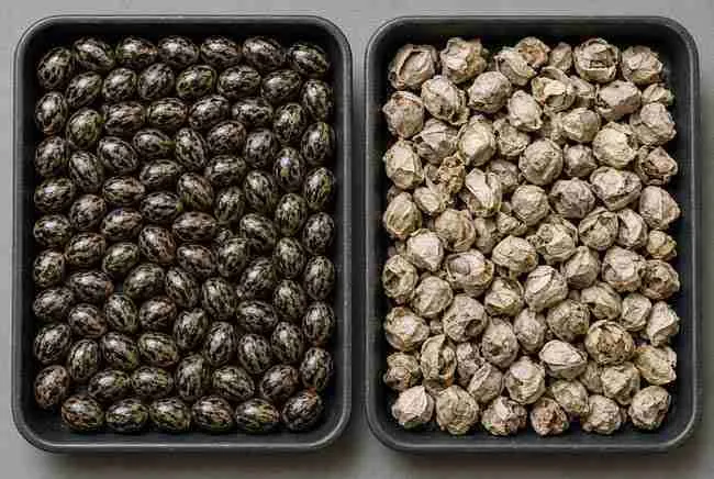 Tray of plump healthy seeds beside a tray of ruined seeds