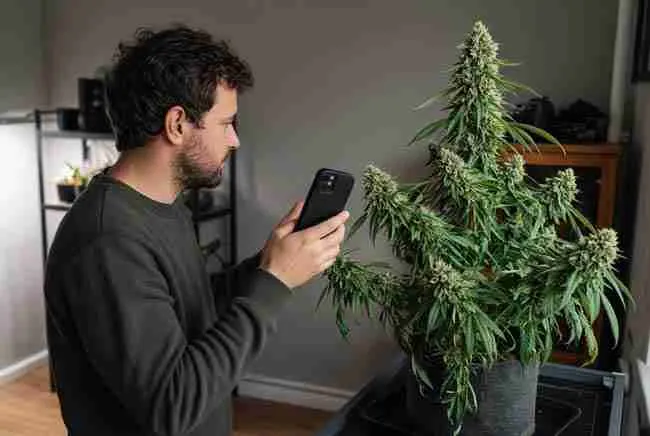 Home grower photographing a flowering cannabis plant for Find My Seeds
