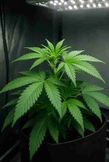 Healthy cannabis plant in the vegetative stage under LED lights