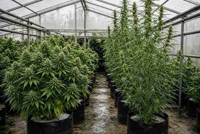 Side-by-side comparison of bushy indica and tall sativa cannabis plants
