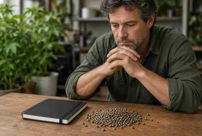 Grower studying a pile of cannabis seeds and a notebook