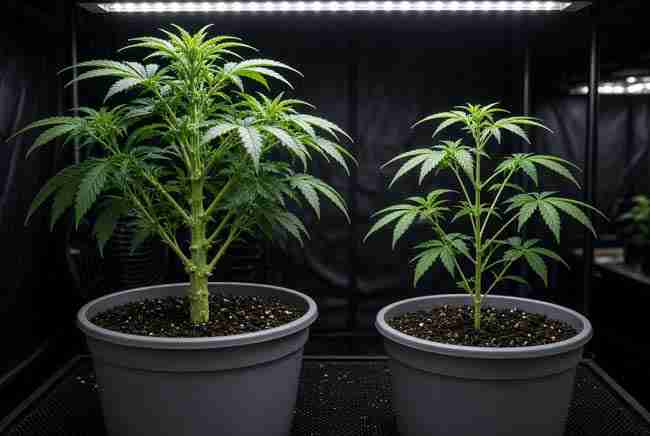 Side-by-side comparison of vigorous regular seed plant versus weaker plant