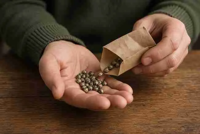 Hands opening a paper pack of cannabis seeds into a palm