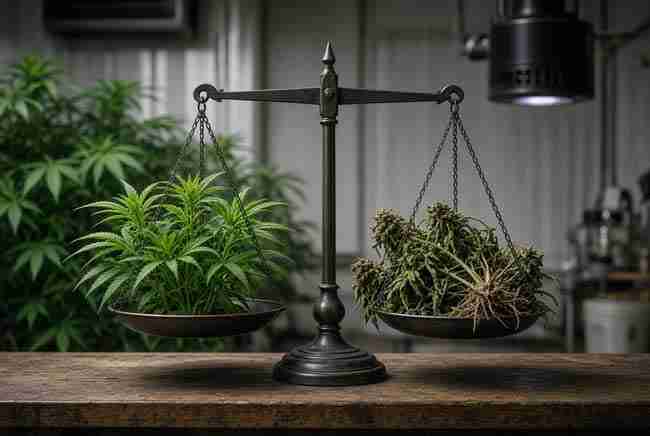 Balance scale showing healthy cannabis plants versus culled males