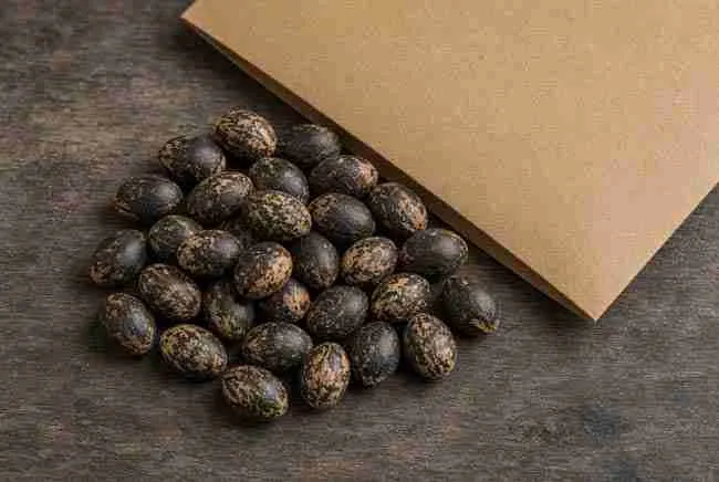 Worn mature cannabis seeds beside a kraft shipping envelope