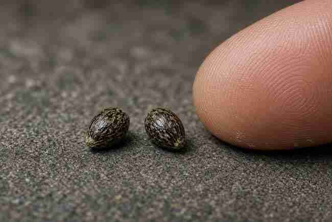 Two small firm cannabis seeds next to a fingertip for scale