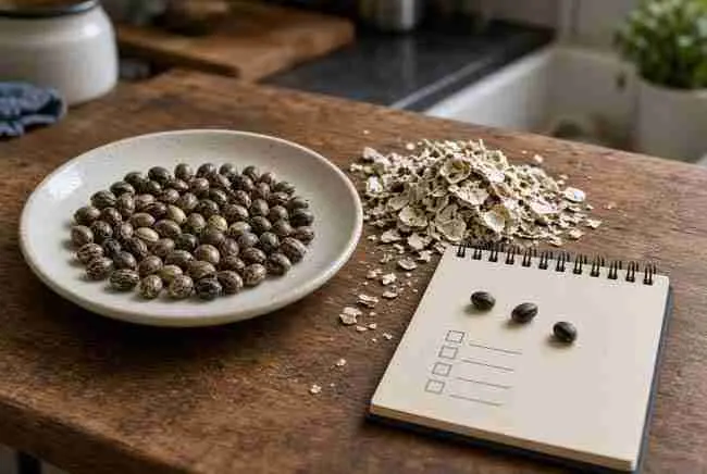 Side-by-side immature green seeds and scuffed mature tan seeds