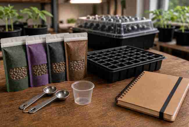 Regular cannabis seed packs with visible tiger-striped seeds on wooden table with grow trays