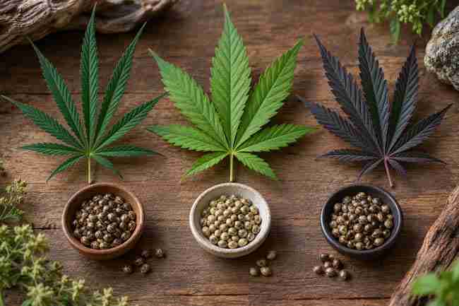 Three cannabis leaves with different shapes and colours above separate dishes of seeds.