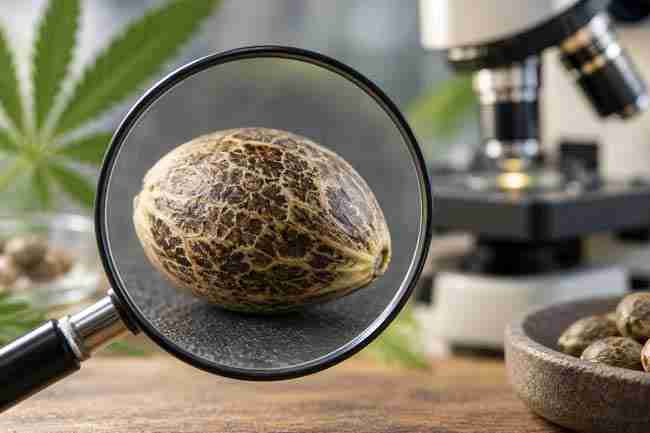 Magnifying glass enlarging a cannabis seed with a microscope in the background.