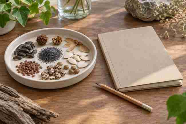 Assorted botanical seeds beside a blank notebook and pencil on a sunlit desk.