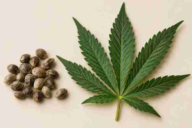 Brown patterned cannabis seeds beside a green cannabis leaf on a cream background.