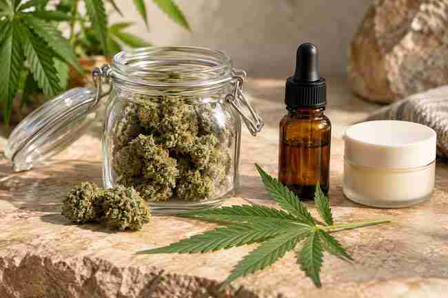 Cannabis flower beside an amber dropper bottle and a small cream jar.