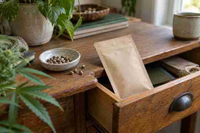 An unmarked cannabis seed packet set aside in a wooden drawer.
