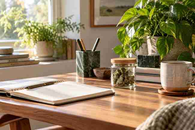 A jar of cannabis flower beside a notebook and ceramic cup in a sunlit home office