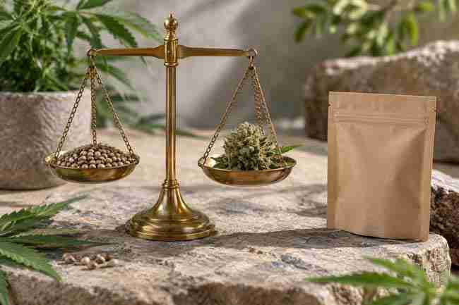Cannabis seeds and a small flower on a brass balance scale beside a plain packet.